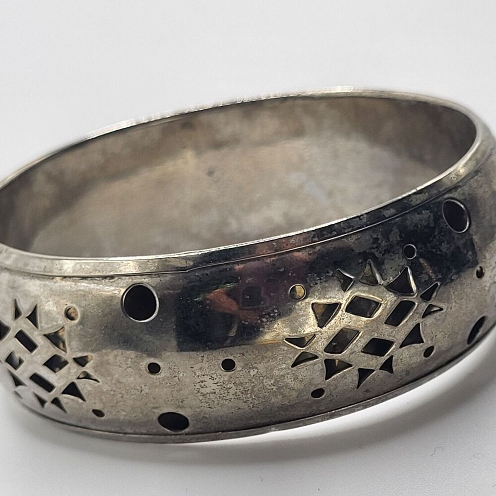 Chunky Silver Bangle Diamond Cut outs Made in India 1 in wide